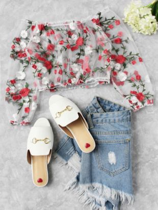 Top en tulle transparent brodé fleur