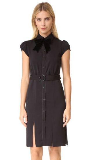Alice + Olivia Carie Belted Velvet Bow Tie Collar Black Shirt Dress
