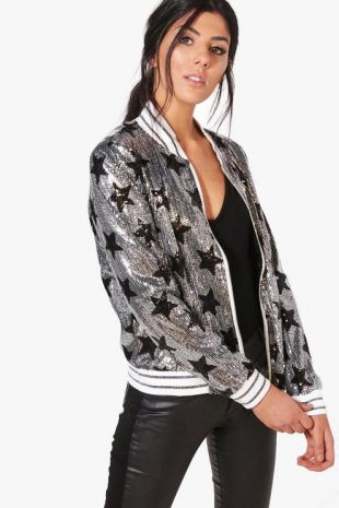 Mia Silver Sequin Star Bomber Jacket | Boohoo