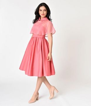 Unique Vintage 1940s Style Coral Pink Luna Swing Dress & Mesh Capelet