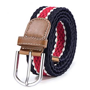 DonDon Ceinture en tissé élastique de 100 à 130 cm de longueur pour femmes et hommes Ceinture tressée bleu foncé-blanc-rouge