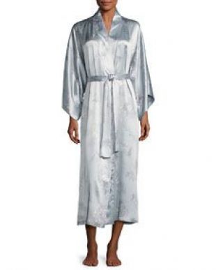 Natori Wisteria Floral-Print Silk Long Robe, Blue Pattern