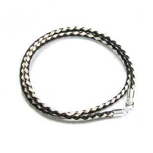 Dreambell 925 Sterling Silver Black White Bolo Braided Round Natural Leather 3mm Choker Necklace 16 Inches for European Bead Charms