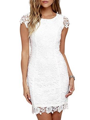 Glamaker Women's Lace Backless Dress Short Bodycon Pencil Dress With Sleeves White 4/6