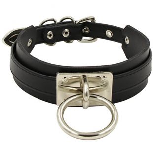 Handmade O Ring Faux Leather Choker Collar (Black & Silver Alloy)