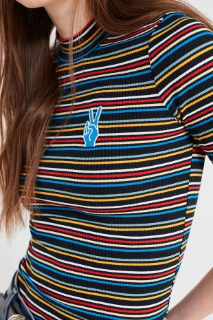 Urban Outfitters Zola Multi Stripe Peace Sign Mock Neck Top – 70s Style Clothing
