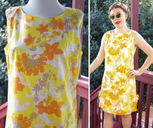 Fleurs de l’été 1960 ' s Vintage jaune + Orange robe sans manches en coton Floral Tropical w / côté arcs / / TIKI hawaïen