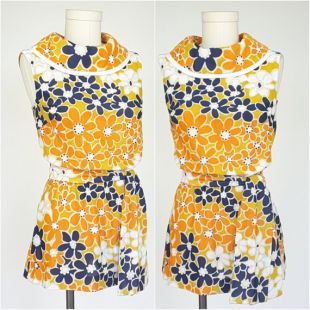 Cravate vintage des années 1960 tunique w ~ M/L, Retro Mod haut sans manche fleuri Orange bleu blanc Chartreuse l impression col large col, ceinture papillon