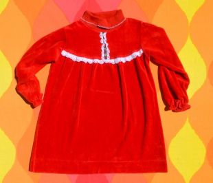 Robe filles vintage des années 70 de vacances Noël velours dentelle col roulé rouge preppy santé tex 6