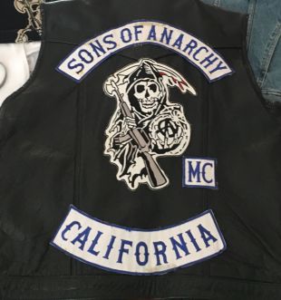 Sons of Anarchy lot, Jax leather vest with pin, denim vest, 5 t shirts, bracelet