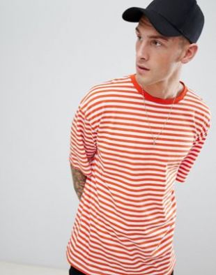 boohooMAN oversized t shirt in orange stripe at asos.com