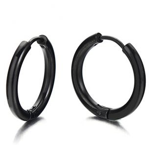 Boucles D'Oreilles Créoles Homme Femme - Anneau Rainuré Charnière Satinées Acier Inoxydable - Noir/Or/Argent