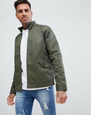 ASOS DESIGN harrington jacket with funnel neck in khaki at asos.com