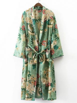 Calico Print Contrast Piping Self Tie Longline Kimono