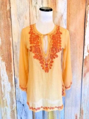 Joie Tunic Orange Embroidery Tie Neck 3/4 Sleeve Silk Cotton Boho Hippie XS EUC!  | eBay