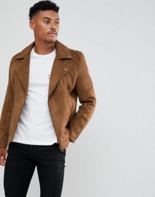 ASOS DESIGN faux suede biker jacket in tan at asos.com