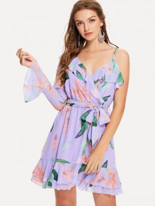 Shein - One Shoulder Ruffle Floral Wrap Dress