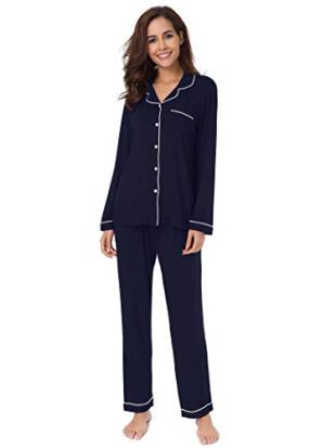 SIORO Pajamas for Women Soft Cotton Sleepwear 2 Piece Long Sleeve Knit Loungewear with Pants, Navy with White Piping, S