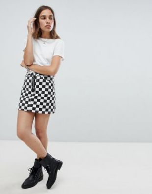 Signature 8 festival checkerboard denim mini skirt with zip front