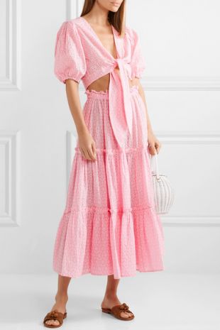 Ruffled broderie anglaise cotton midi skirt