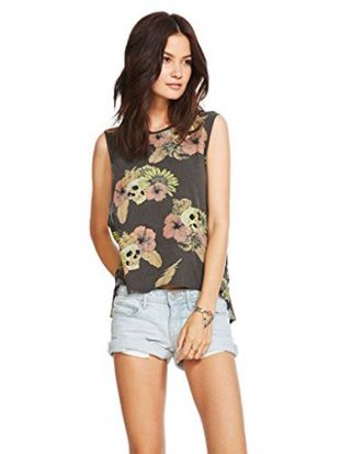 CHASER Women's 'Hibiscus Skull' Muscle Tank Large