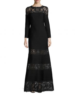 Tadashi Shoji Long-Sleeve Pintucked Lace-Trim Gown, Black
