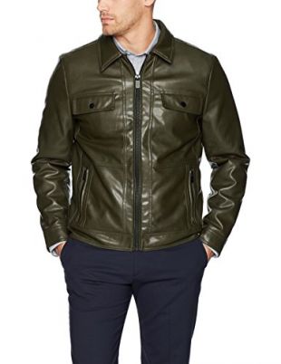 Kenneth Cole REACTION Men's Soft Vegan Leather Collared Jacket, Olive, Large