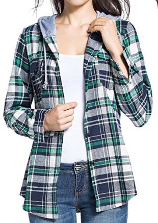 BomDeals Women's Classic Plaid Cotton Hoodie Button-up Check Shirts (M,Green)