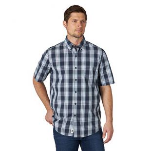 Wrangler Authentics Men’s Short Sleeve Plaid Woven Shirt, Bijou Blue, M
