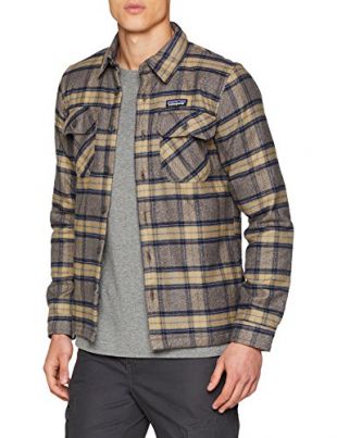 Patagonia Men's Insulated Fjord Flannel Jacket (Large, Migration Plaid: Forge Grey)