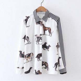 Summer Women's Printed Stripe Shirt with Long Sleeve - Dogs print