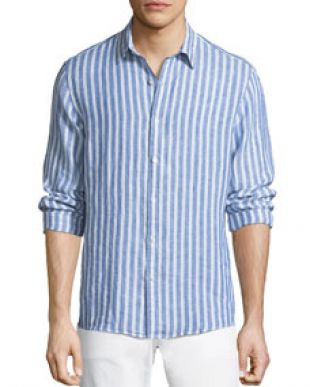 Michael Kors Mens Slim Fit Striped Linen Button Down Shirt