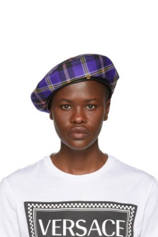Béret à carreaux mauve
