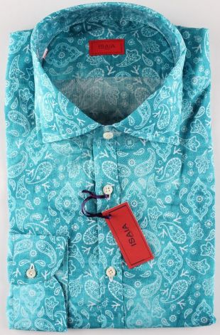 NWT ISAIA DRESS SHIRT paisley logo turquoise luxury handmade Italy 42 16 1/2  | eBay