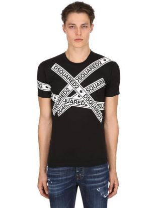 DSQUARED2 LOGO TAPE PRINTED COTTON JERSEY T-SHIRT