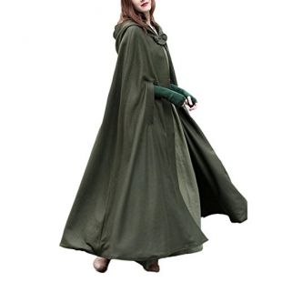 Femme Hiver Automne Élégant Couleur Unie Longue Cape à Capuche Poncho Veste Blouson Manteau Tops Longue Robes Chaude - Armée verte - Taille Medium