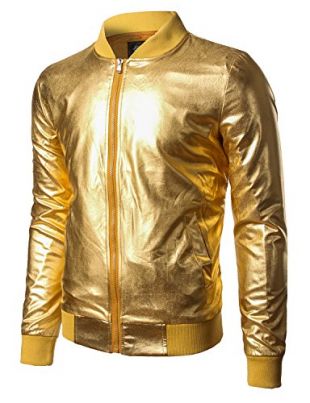 JOGAL Men's Metallic Nightclub Styles Zip Up Baseball Bomber Jacket XX-Large Gold