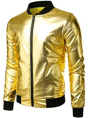 ZEROYAA Mens Hipster Geek Metallic Shinny Solid Paisley Floral Slim Fit Zip Up Baseball Varsity Bomber Jacket Z47 Gold Small
