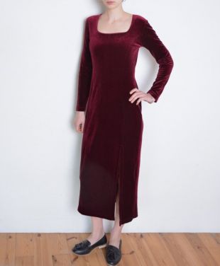 robe en velours Bordeaux des années 90, robe à manches longues velours rouge foncé, grunge fente minimaliste robe, robe de soirée moulante décolleté carré, vin rouge