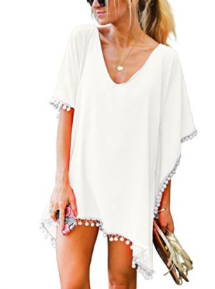 Aux femmes Mousseline de soie Pom Pom Kaftan Maillot de bain Maillot de bain Plage Cover Up Taille libre Blanc