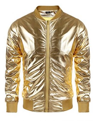 Coofandy Men's Metallic Style Baseball Varsity Bomber Jacket For Party,Nightclub,Halloween,Golden,Large