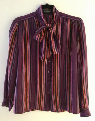 Taille 14 / UE 42, des années 80 Vintage LOUIS FÉRAUD violet, Orange, rose, rouge Vertical Pussy Bow Blouse à rayures