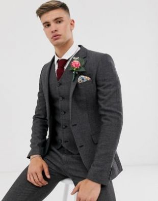 wedding super skinny suit jacket in charcoal herringbone