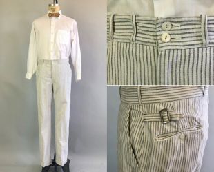 Pantalons pour hommes vintage des années 1920 | des années 20 d’été en sergé de coton gris et blanc rayé devant plat pantalon gris avec bouton voler | 35x31.5 taille grand