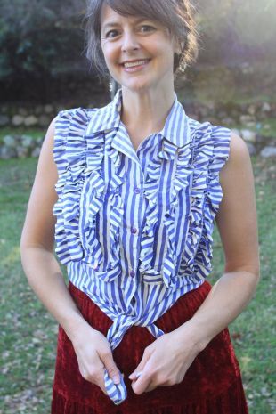 ESTRELLA   années 1980 1990 s 90 s chemisier en soie court cravate devant rayé Steampunk Circus Girl volants Pervenche Violet Glam petit 4