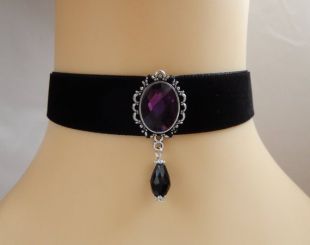 Gothique en velours noir/Collier ras de cou Style Vintage UK perle & Cabochon violet foncé