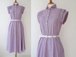 Mauve des années 80 Vintage robe avec col Claudine et manches plissées / / taille 36 / / Coton/Viscose