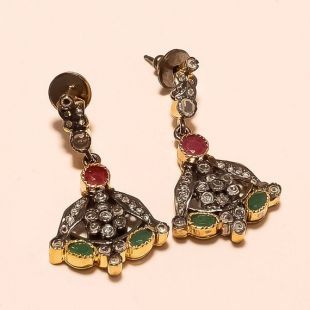 Cadeaux de Noël naturel africain émeraude, birman boucles d’oreilles rubis 925 argent deux ton boucles d’oreilles victorien femmes bijoux Antique Vintage