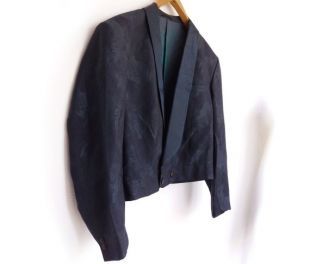 WILVORST recadrée Blazer bleu marine Smoking Jacket Vintage masculin avec motif Floral discret éclat vert Turquoise U.S. 40R