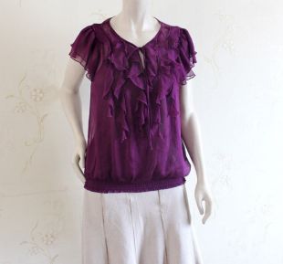 Femmes vintage à manches courtes violet magenta blouse chemise haut volante liens extensibles double couches